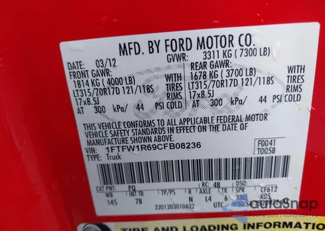 2012 Ford F-150 Svt Raptor from USA, damaged, VIN 1FTFW1R69CFB08236